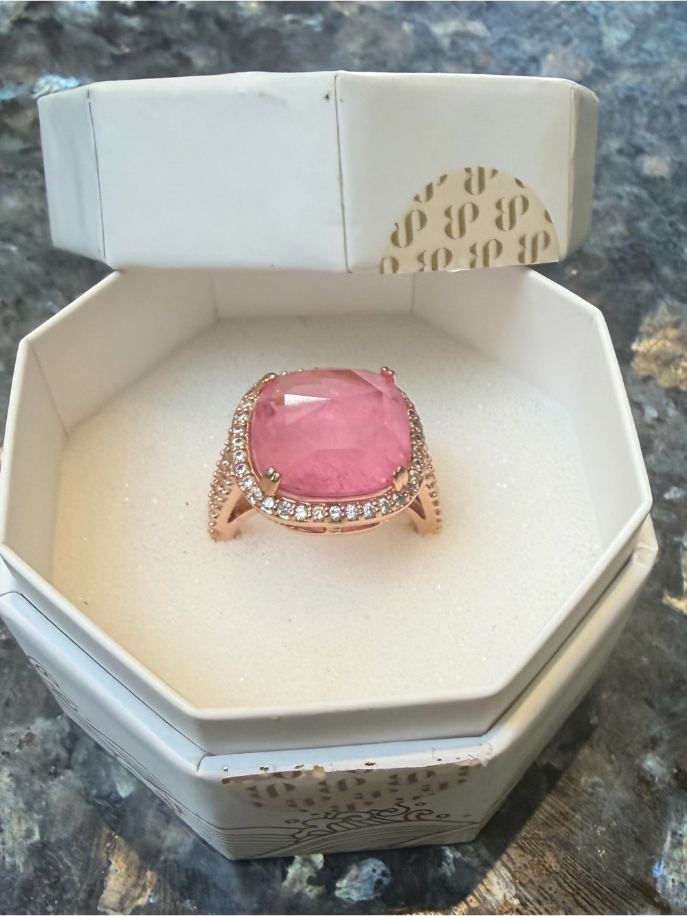 BP Waves of Beauty Pink Cushion Halo Cocktail Ring - Rose Gold Setting size 8